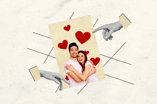 Composite Collage Image Positive Couple Finger Point Photographing Hugging Concept — Φωτογραφία Αρχείου