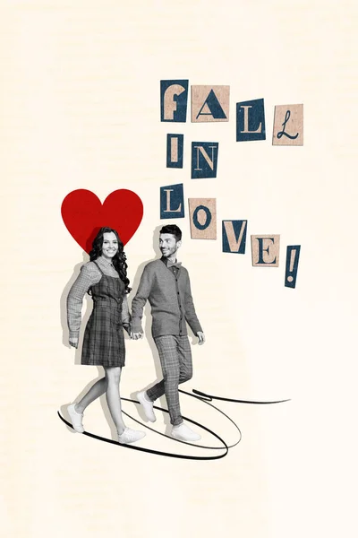 Collage Graphics Artwork Smiling Charming Couple Walking Falling Love Isolated — Stock Photo, Image