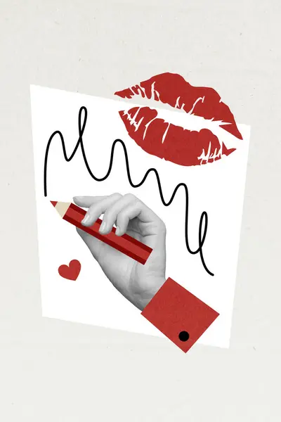 Artwork Magazine Collage Picture Arm Holding Pencil Writing Love Letter — Stock Photo, Image