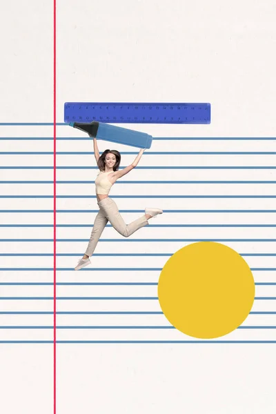 Foto Imagem Colagem Vertical Mulher Engraçada Pulando Segurando Azul Marcador — Fotografia de Stock