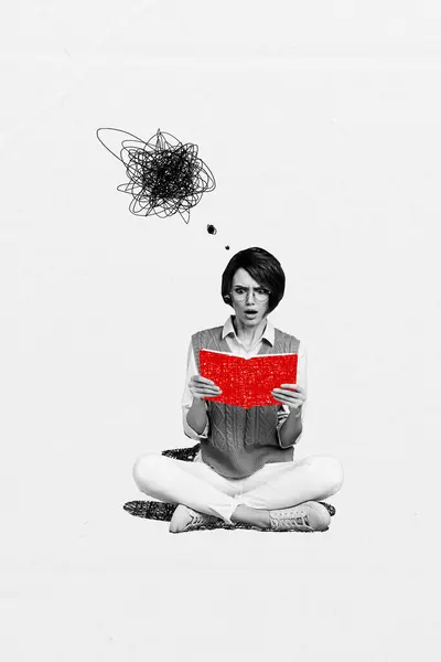 Вертикальная Иллюстрация Коллаж Молодой Удивленной Женщины Держащей Красную Книгу Двух — стоковое фото