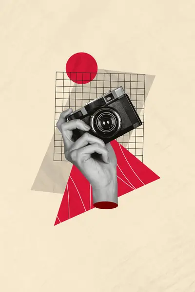 Vertical Foto Criativa Colagem Composta Mão Segurar Câmera Vintage Fazendo — Fotografia de Stock