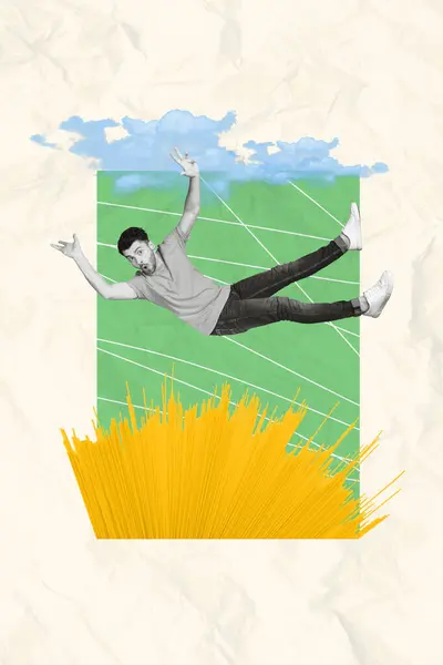 Collage Imagen Loco Funky Hombre Cayendo Volando Aire Cocina Spaghetti — Foto de Stock
