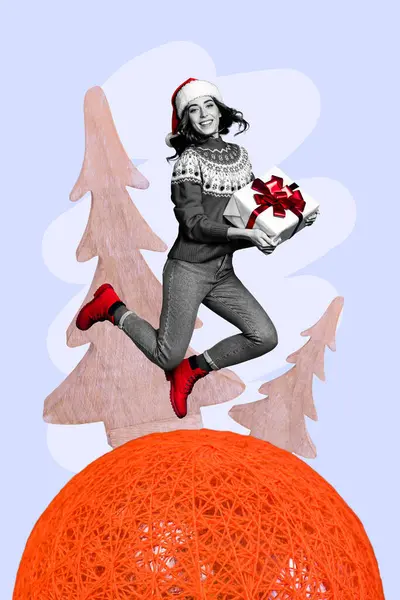 Postkort Skisse Collage Jolly Munter Jente Med Gave Tema Nyttårsfest – stockfoto