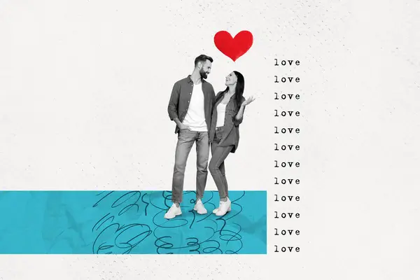 ポジティブなカップルのクリエイティブな描画コラージュ画像 一緒に時間を抱擁 コンセプト バレンタインデー ファンタジー ビルボード漫画 Zine — ストック写真