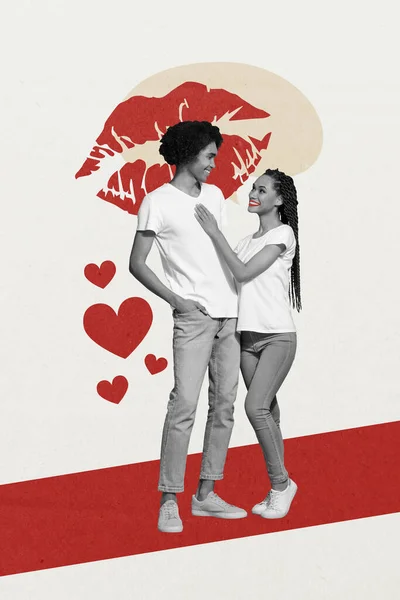 크리에이 템플릿 그래픽 콜라주 이미지 발렌타인 배경을 즐기는 매력적인 커플의 — 스톡 사진