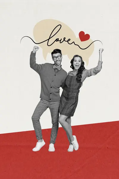 写真コラージュアートワーク バレンタインデーを祝うケアフリーラッキーなカップルの最小画像を一緒に分離されたベージュ赤色の背景 — ストック写真