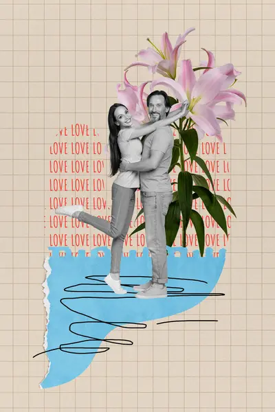 Dibujo Creativo Collage Imagen Pareja Positiva Abrazando Lirios Flor Citas — Foto de Stock