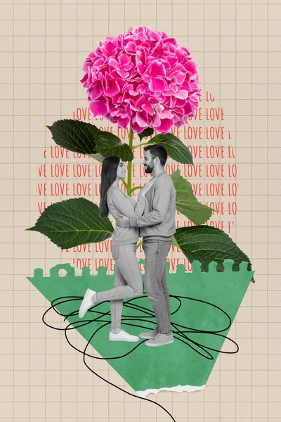 Abstracto Creativo Artwork Plantilla Collage Positivo Pareja Celebrar Abrazo Flores — Foto de Stock
