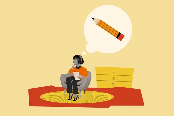 レトロマガジンコラージュ画像 夢のような女性 座ってソファー思考 物語を書く 単離された黄色の背景 — ストック写真