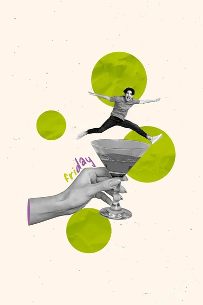 Creative Drawing Collage Picture Funny Young Man Jump Martini Alcohol — Stock Photo, Image