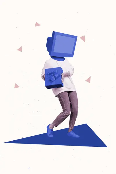 Zeitgenössische Collage Kunstwerk Kopflose Person Bildschirm Hält Geschenk Box Glückliches — Stockfoto
