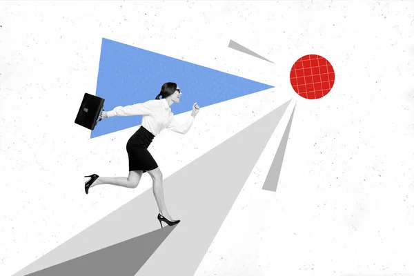 Collage Von Flippiger Fleißiger Geschäftsfrau Die Motiviert Auf Rotes Punktziel — Stockfoto