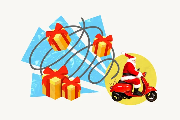 Colagem Tendência Criativa Papai Noel Condução Scooter Entregar Presentes Ano — Fotografia de Stock