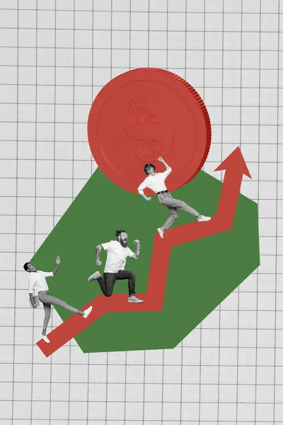 Collage Vertical Tres Colegas Corriendo Dirección Flecha Escalada Hasta Competencia —  Fotos de Stock