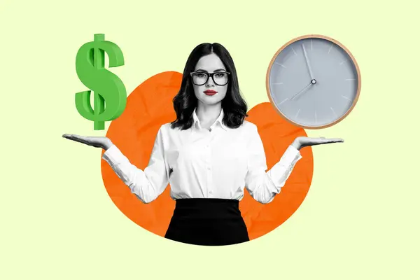 Kreative Bild Collage Von Arbeiterinnen Ökonominnen Demonstriert Uhr Geld Limit — Stockfoto