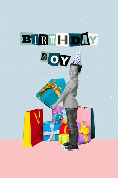 Komik Küçük Çocuğun Birleşik Kolaj Resmi Doğum Günü Partisini Kutlayın — Stok fotoğraf