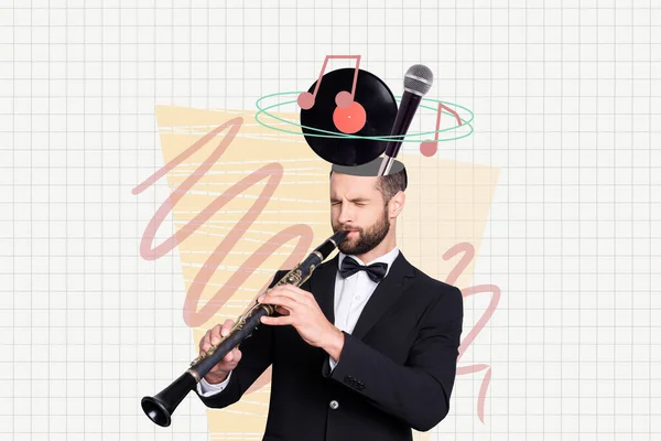 Creative Collage Professional Flutist Playing Jazz Concert Wearing Tuxedo Thinking — Stock Photo, Image