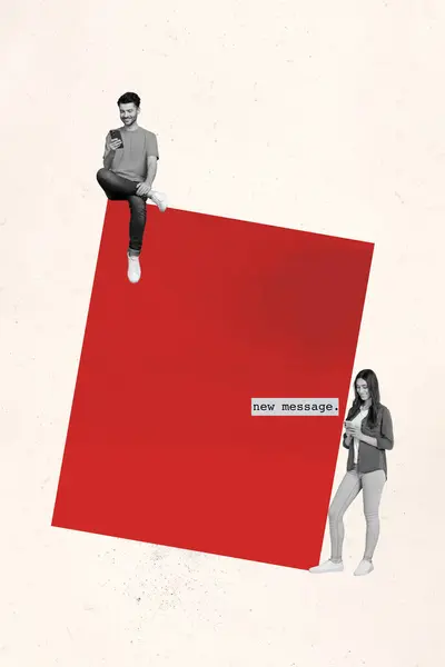Imagen Collage Compuesto Dos Personas Comunican Red Línea Nuevo Mensaje —  Fotos de Stock