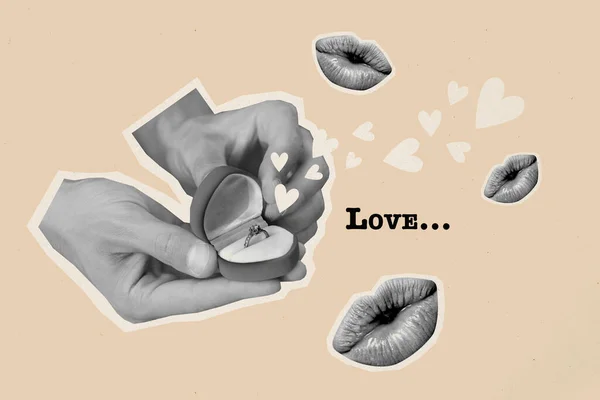 Collage image of black white effect arms hold opened engagement ring box love heart symbols pouted lips kiss isolated on beige background.