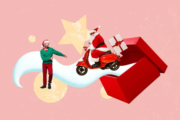 Tvůrčí Trend Koláž Legrační Santa Clays Moped Skútr Dodat Současný — Stock fotografie