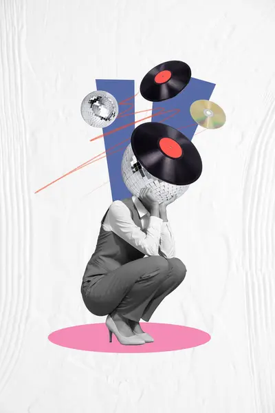 Vertical surreal photo collage of young headless woman sit in club party discotheque with disco ball instead of head vinyl record cd on creative background.