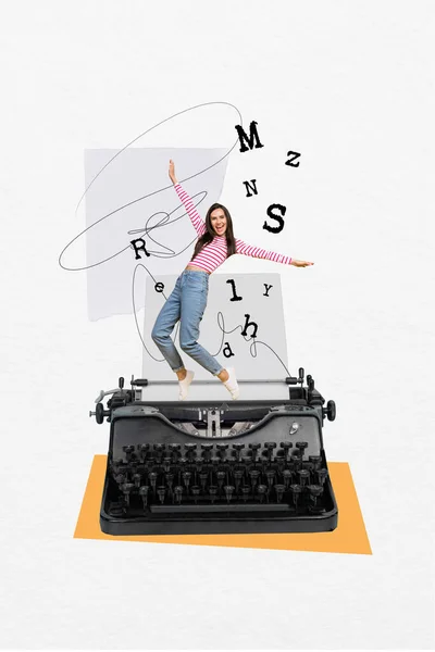 Creative Poster Collage Young Positive Lady Typewriter Letters Journalist Novel — Stock Photo, Image