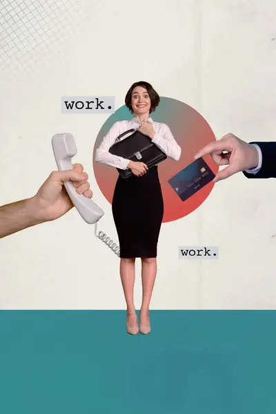 Modello Creativo Collage Divertente Giovane Eccitato Femminile Nuovo Lavoro Dipendente — Foto Stock