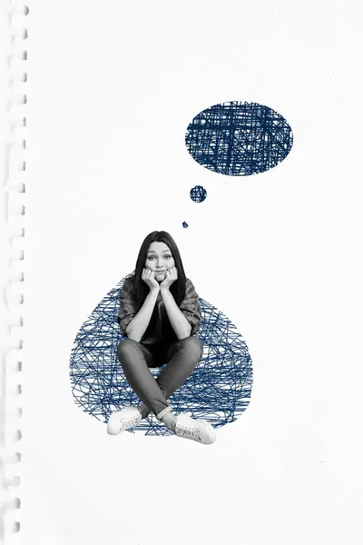 Креативный Плакатный Коллаж Печально Несчастной Депрессивной Женщины Сидящей Пакете Фасолью — стоковое фото