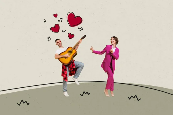 Modèle Abstrait Créatif Collage Drôle Couple Danse Jouer Guitare Valentine — Photo