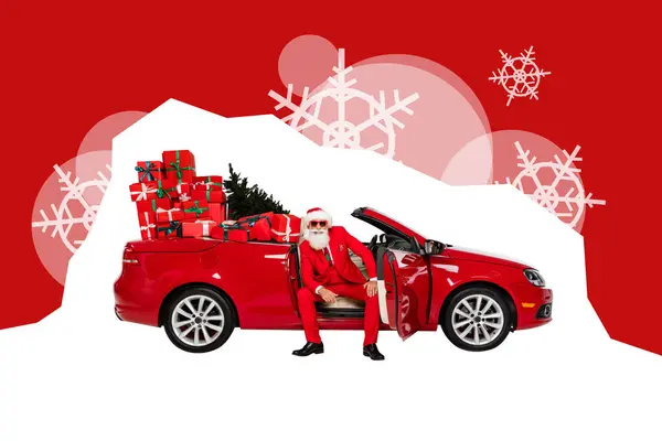 Szkic Kolaż Obraz Uśmiechnięty Szczęśliwy Mikołaj Dostarczając Pojazd Xmas Prezentuje — Zdjęcie stockowe