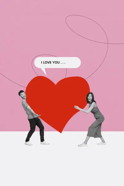 Abstract Creative Artwork Template Collage Funny Couple Carry Heart Valentine — Stock Photo, Image