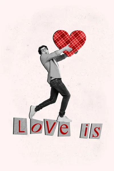 Collage Pinup Pop Retro Sketch Funny Young Man Carry Heart — Stock Photo, Image