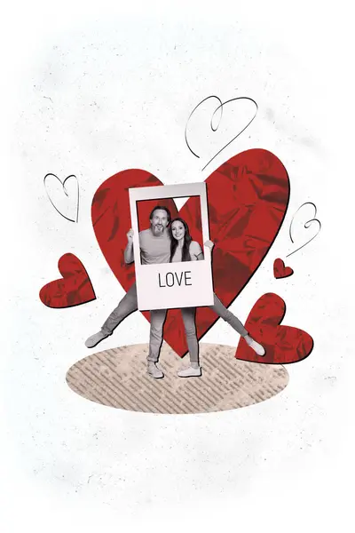 Vertical Creative Collage Funny Couple Instant Photo Frame Valentine Day — Stock Photo, Image