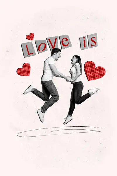 Vertical Creative Collage Image Funny Couple Jumping Have Fun Valentine — Stock Photo, Image