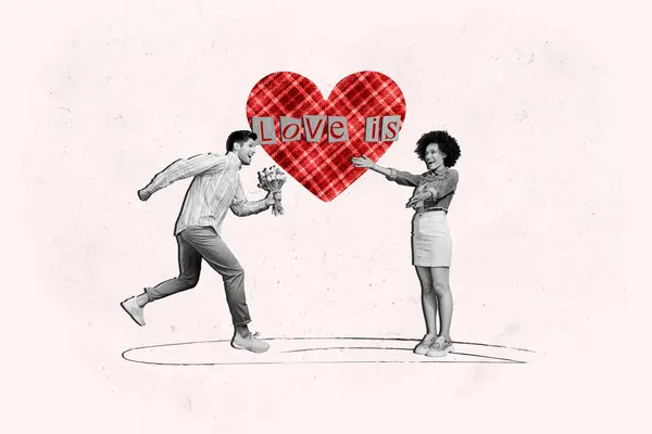 Poster Créatif Collage Couple Drôle Rencontrer Bouquet Courir Saint Valentin — Photo