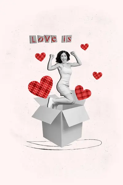 Composite Collage Picture Image Funny Female Jump Carton Box Valentine — Stock Photo, Image