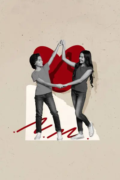Creatief Abstract Template Collage Van Kinderen Paar Hand Hand Valentijnsdag — Stockfoto