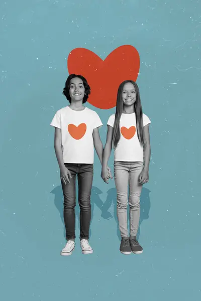 Creative Poster Collage Children Couple Shirt Hold Hands Valentine Day — Stock Photo, Image