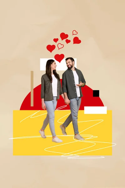独家杂志拼贴丈夫妻子步行2月14日购物孤立创意米色背景的图片 — 图库照片