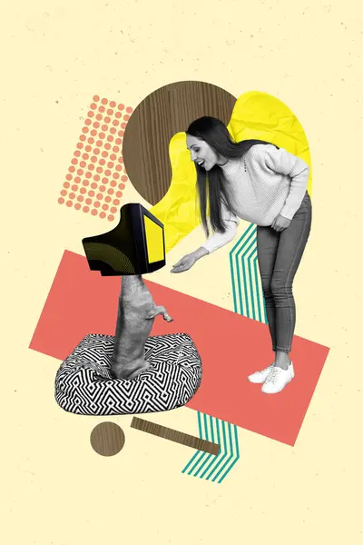 Vertikale Collage Bild Von Schwarz Weiß Effekt Fröhlich Mädchen Füttern — Stockfoto