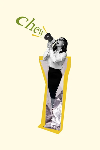Sakıza Sarılı Kadını Tanıtımcısının Yaratıcı Afiş Kolajı Yeni Tatlılar Reklamı — Stok fotoğraf
