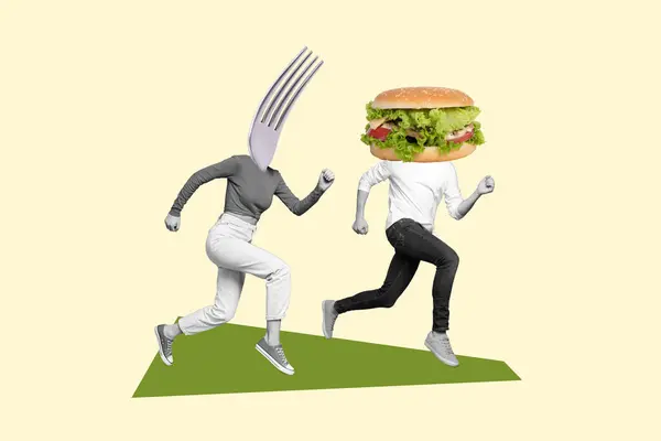 图片拼贴图片 古怪的人逃离快餐 不健康的汉堡包 在画的背景下被隔离 — 图库照片