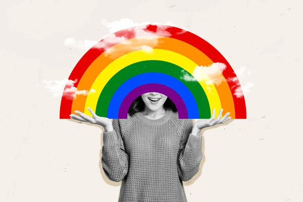 Artwork magazine collage picture of excited smiling lady holding colorful rainbow cover close eye isolated grey color background.