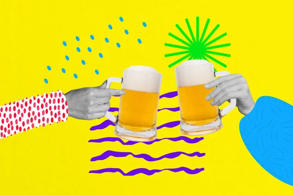 3d retro abstract creative collage artwork template of arms enjoying beer sand beach isolated yellow color background.