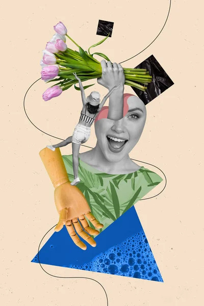 Verticale Collage Afbeelding Van Zwart Wit Effect Mini Meisje Lopen — Stockfoto