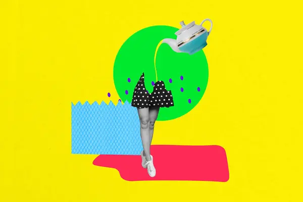 Composite Collage Bild Der Schönen Weiblichen Beine Rock Kleid Teekanne — Stockfoto