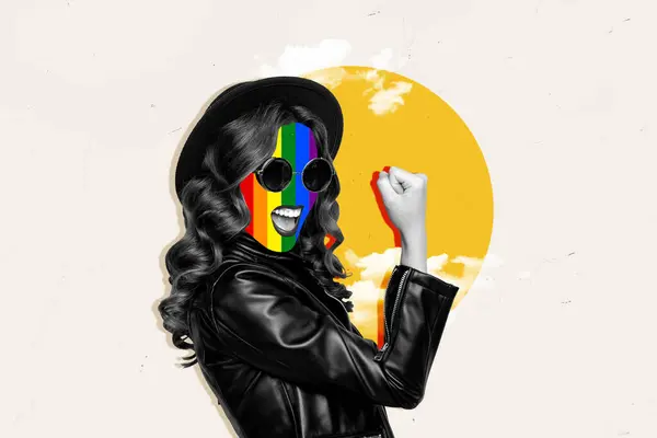 富有创意的图片拼贴描绘了年轻女子庆祝胜利平等权利胜利自由彩虹的脸 — 图库照片