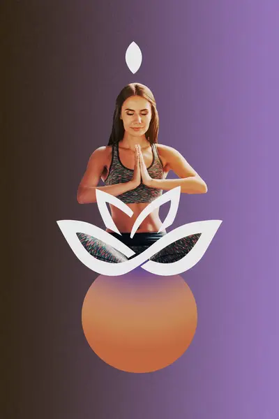 Creative Trend Collage Funny Young Female Meditation Yoga Lotus Posing — Stock Photo, Image