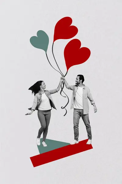 Creatieve Tekening Collage Beeld Van Paar Lopen Hold Lucht Ballonnen — Stockfoto